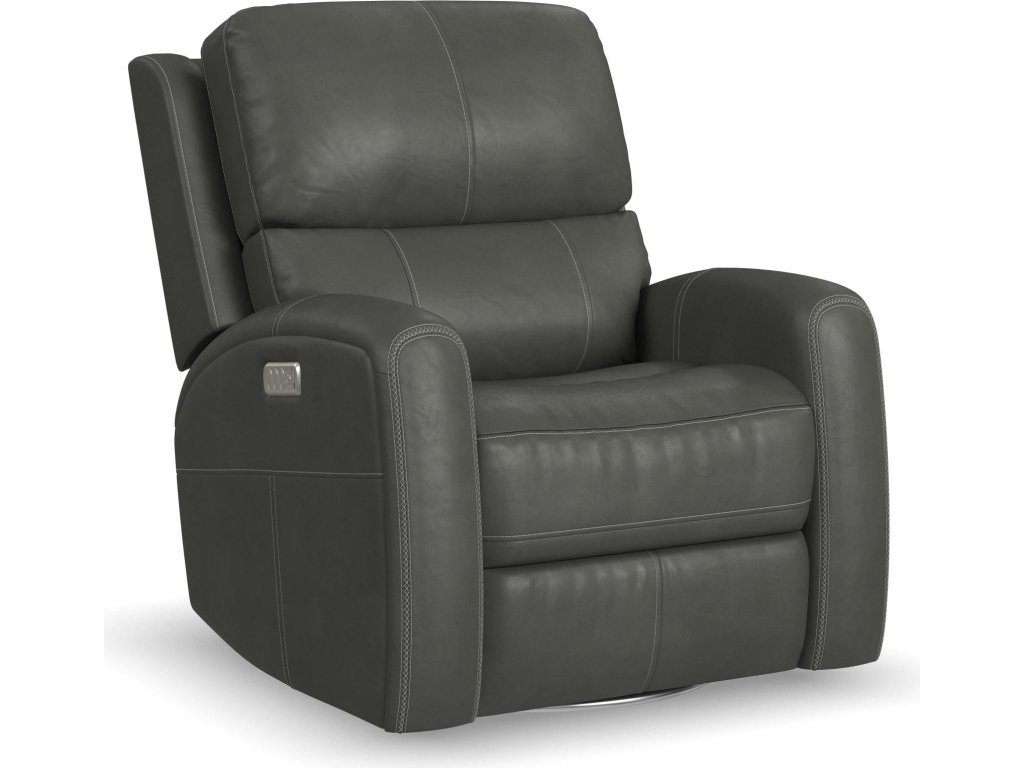 Linden Charcoal Leather Power Swivel Gliding Recliner with Power Headrest, Lumbar, Heat & Massage