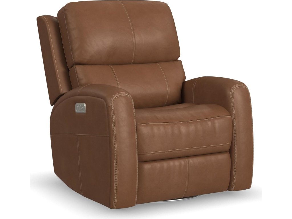 Linden Caramel Leather Power Swivel Gliding Recliner with Power Headrest, Lumbar, Heat & Massage