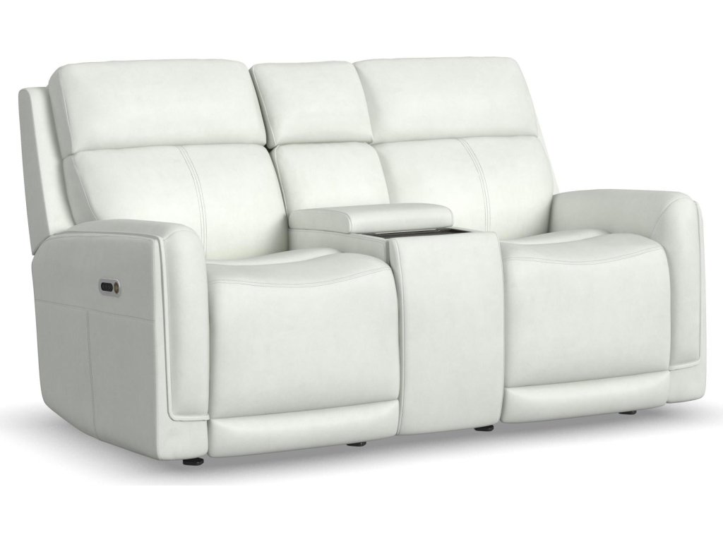 Alister Porcelain Leather Power Gliding Loveseat with Console, Power Headrests & Lumbar