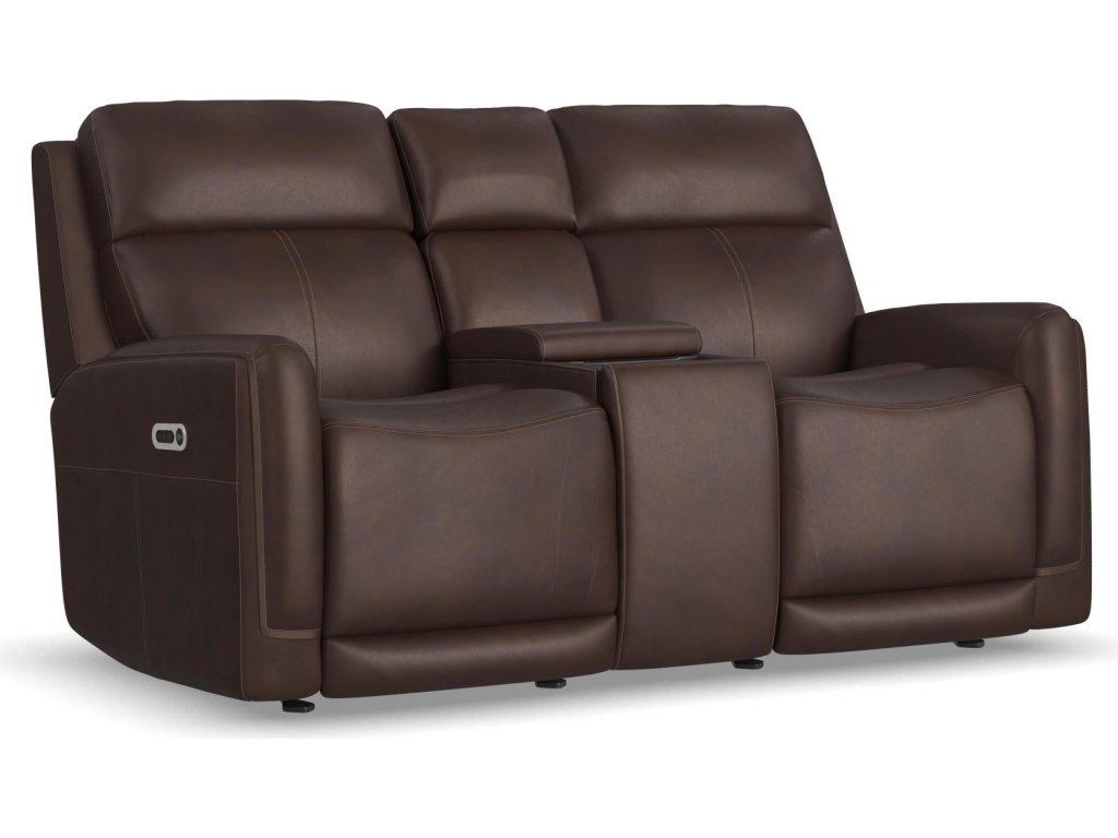 Alister Burnt Umber Leather Power Gliding Loveseat with Console, Power Headrests & Lumbar