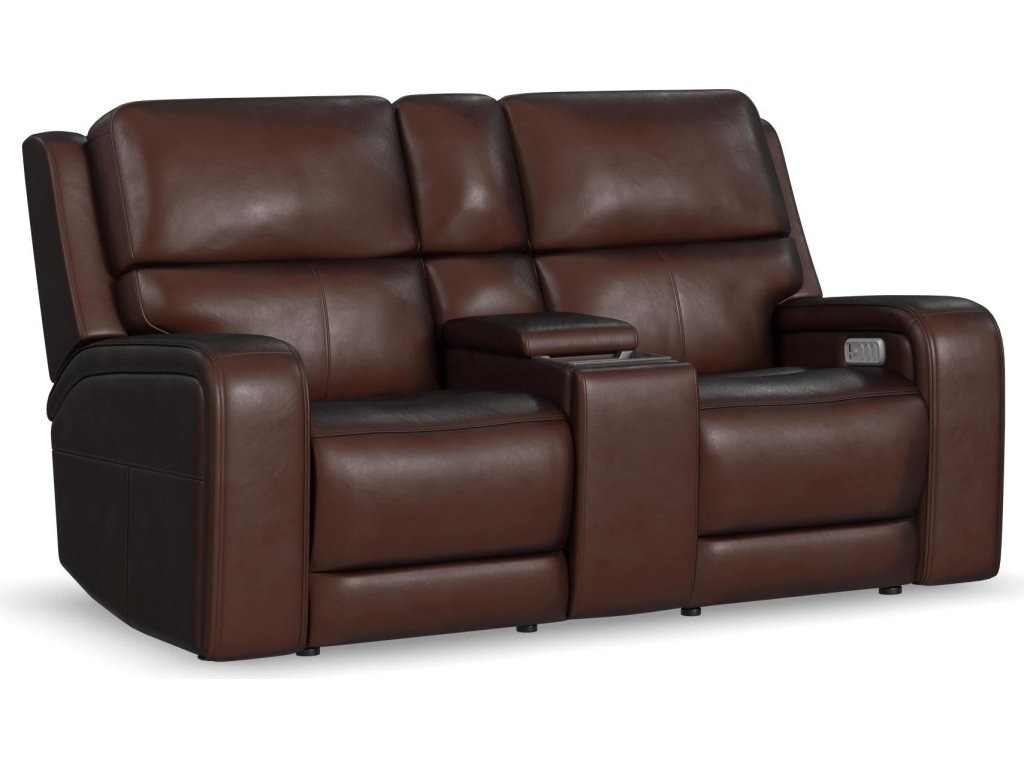 Oasis Truffle Leather Power Reclining Loveseat with Console, Power Headrests, Lumbar, Heat & Massage