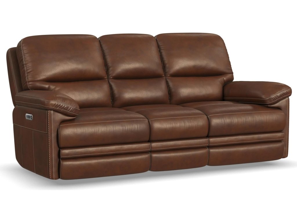 David Pecan Leather Power Reclining Sofa with Power Headrests & Lumbar