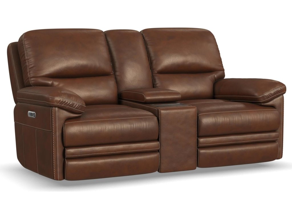 David Pecan Leather Power Reclining Loveseat with Console, Power Headrests & Lumbar