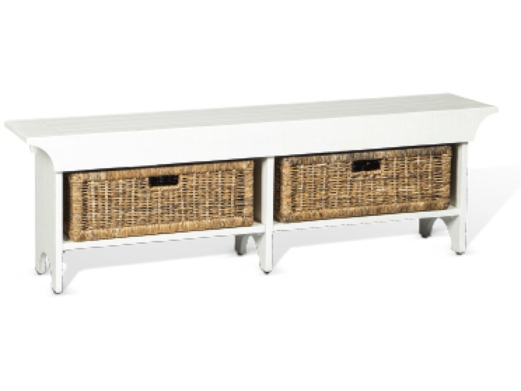 55"W Short Bench 2 Natural Rattan Woven Baskets