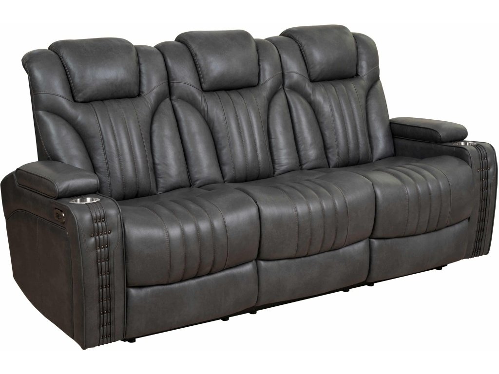 Contemporary Dual Power Recliner Sofa With Drop Down Table, Led Lighting, Usb Charging & Storage In Steamboat Gunmetal