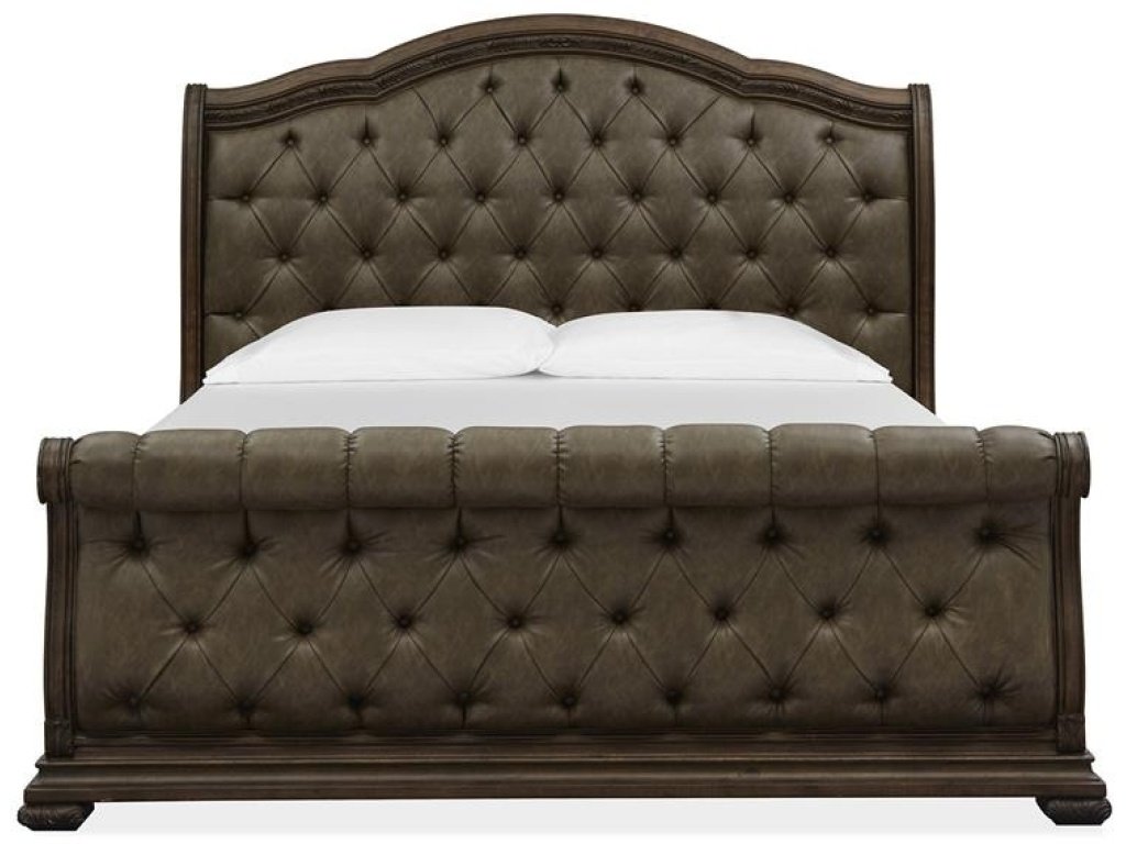 Wood Queen Sleigh Bed Upholstered Headboard SU