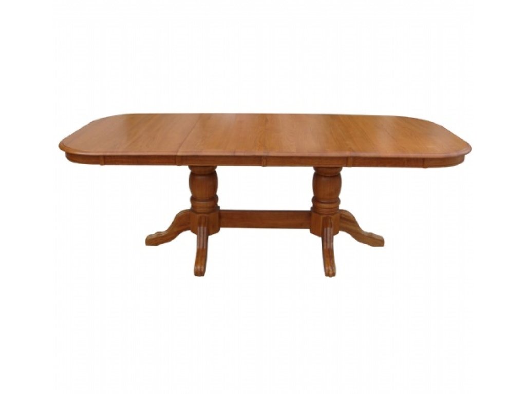 Double Pedestal Dining Table w/ 2 pcs 18" Leaves, Board Trestle w/ Empire Feet & Plain Apron, Solid Oak Top